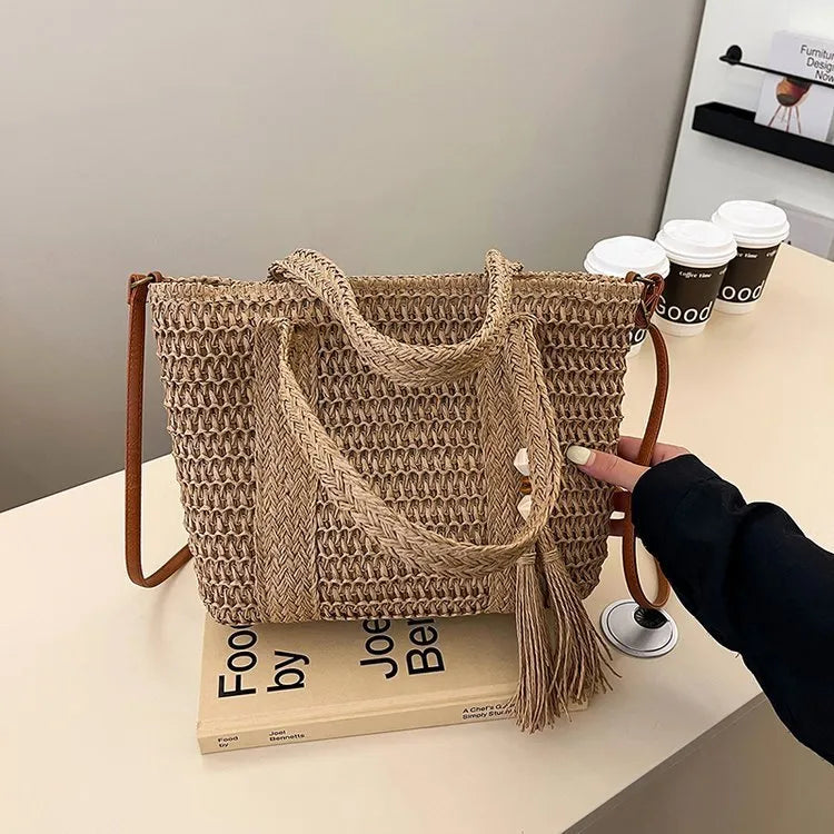 Khaki and milky white woven straw women's crossbody shoulder bag with large capacity