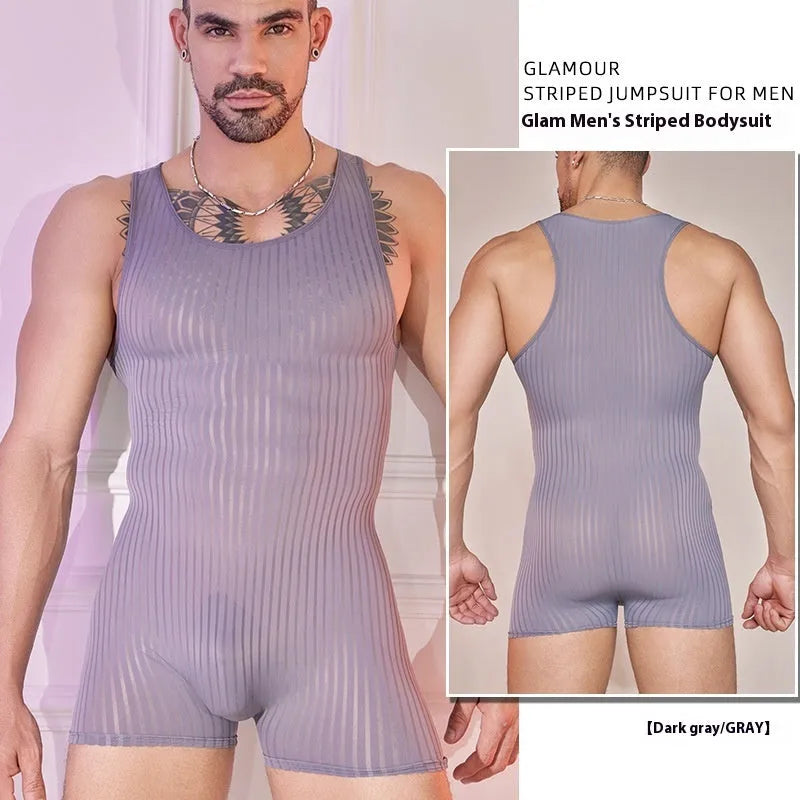 Men's striped nylon jumpsuit in black colour with wide vertical bar pattern, lightweight breathable fabric