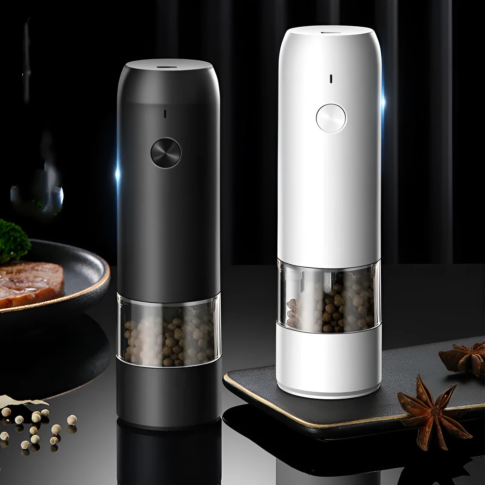 USB rechargeable electric pepper and salt grinder set with clear acrylic body and ceramic mechanism