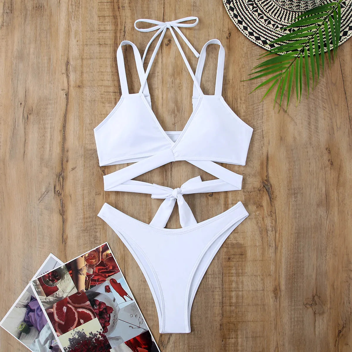 Solid colour strapless bandeau bikini with high-waisted briefs in black, red, blue, rose, and white.