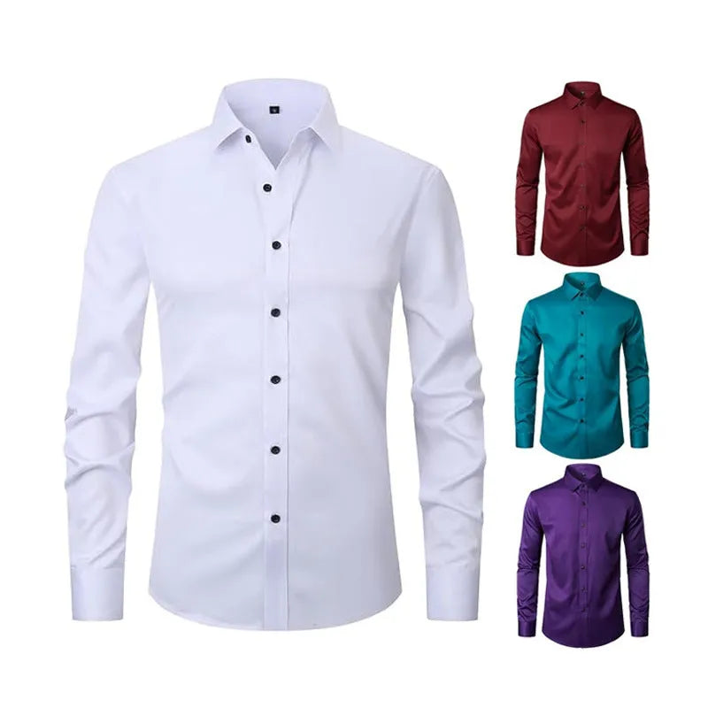 Men's stretch long sleeve work shirt in polyester fabric shown in a light colour, featuring a button front and long sleeves.