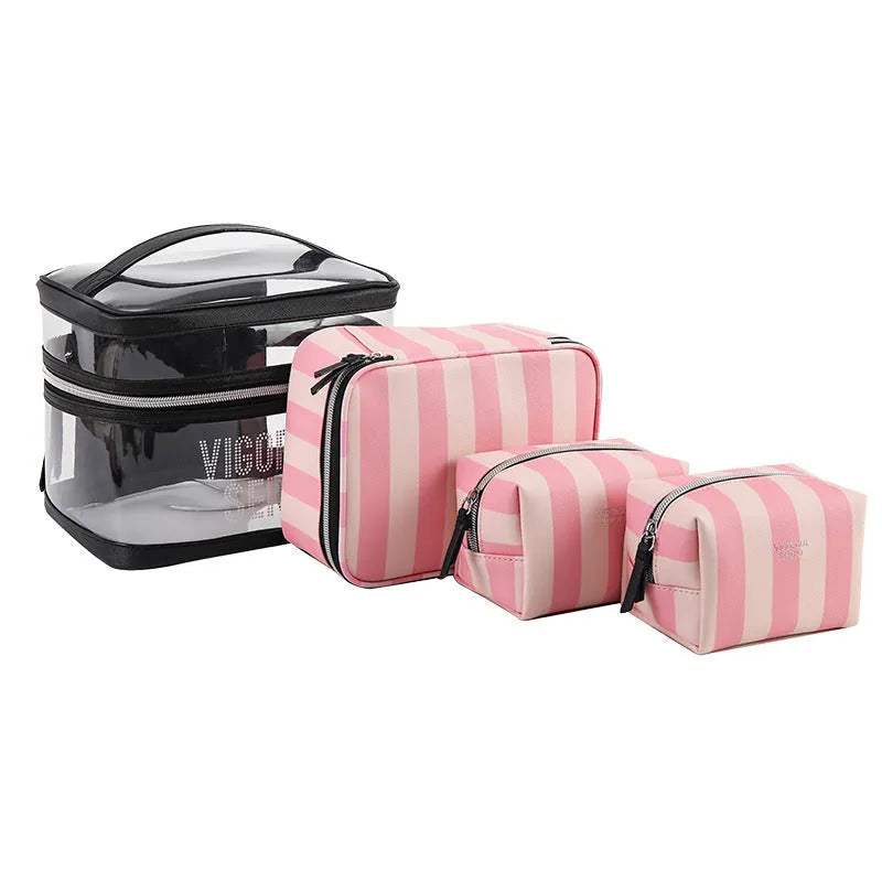 Pink bold stripe floral pattern waterproof synthetic leather makeup kit bag with folding design