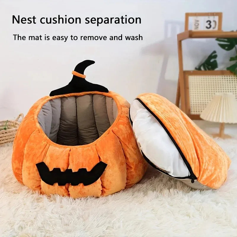 Halloween pumpkin devil design plush cat bed for cats and small dogs in orange colour