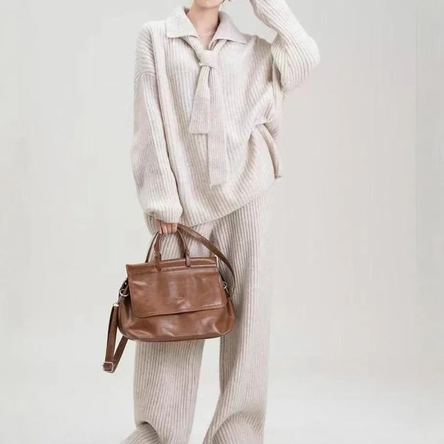 Acrylic imitation cashmere sweater suit two-piece set with collared top and trousers in beige.
