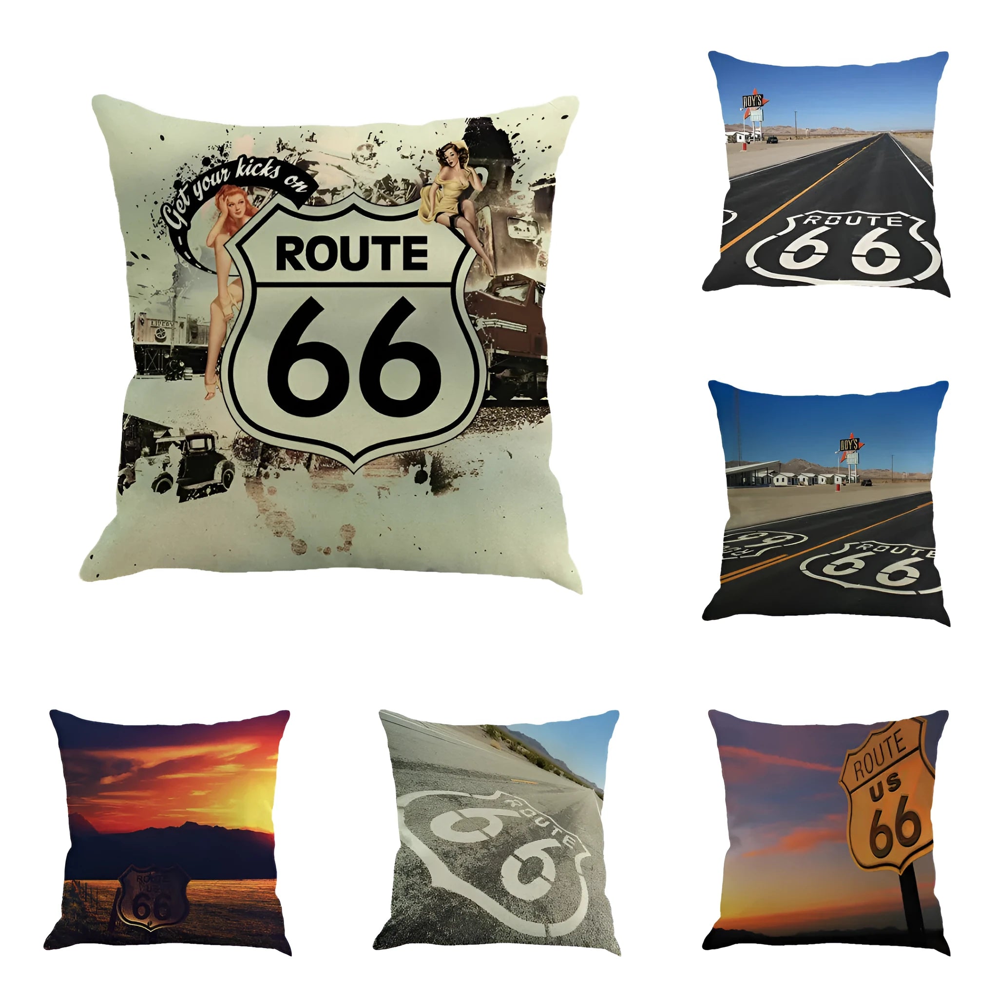 Square linen and cotton cushion cover with US Route 66 landscape print, shown in one of six colour options.