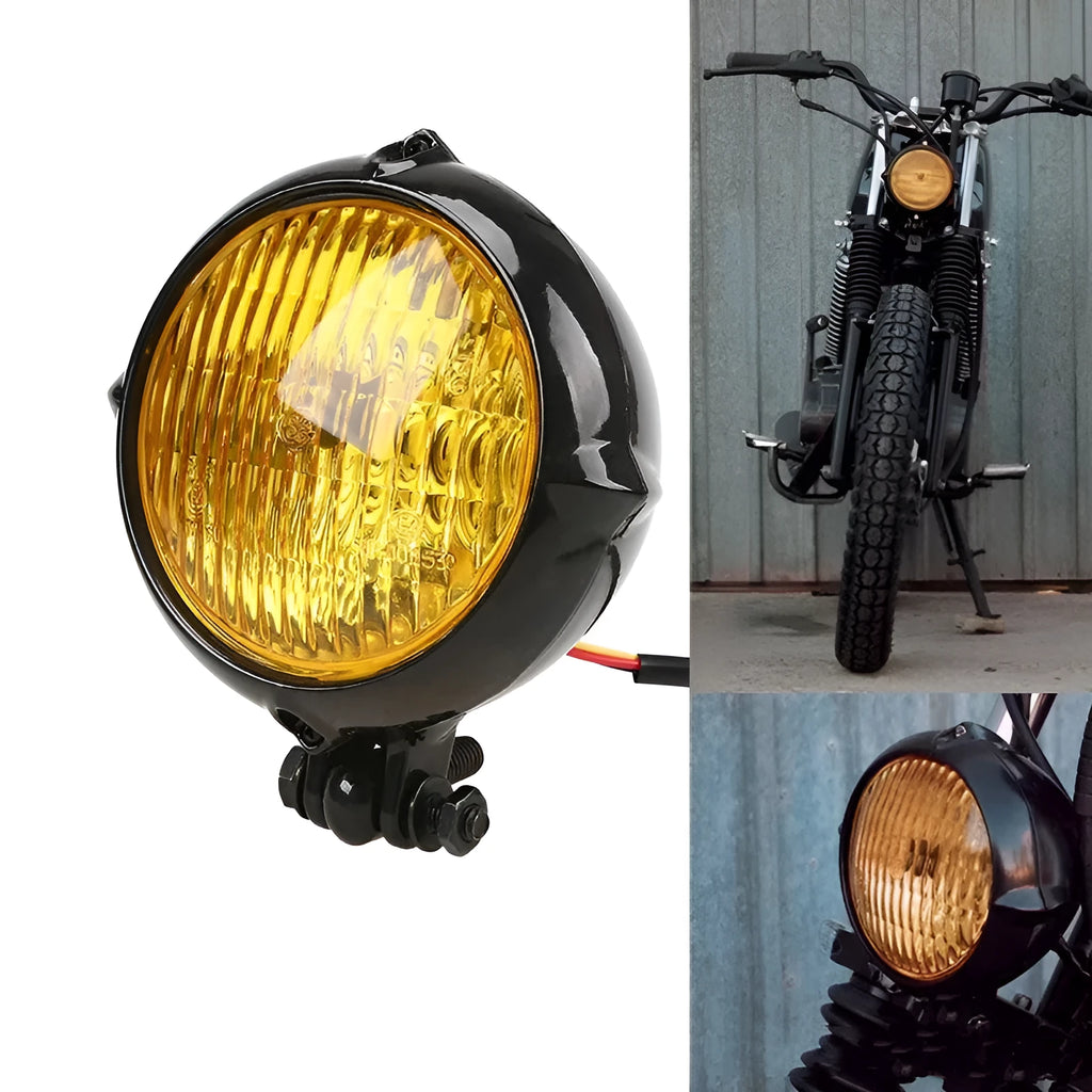 Black retro motorcycle halogen headlight with cast aluminium housing and 8cm glass lens.