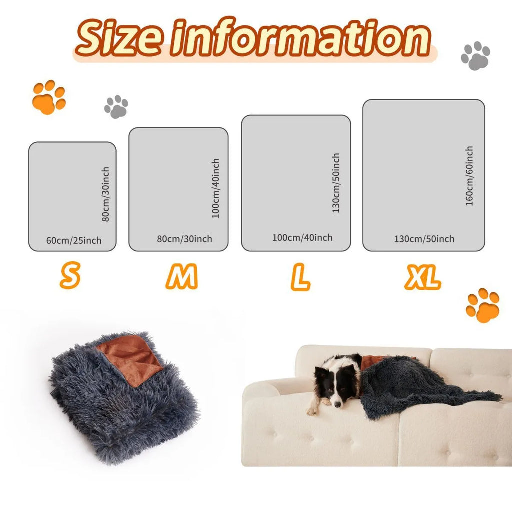 Grey velvet and plush pet blanket on a sofa, showing its size and texture.