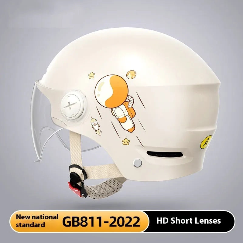 Khaki open-face motorcycle half helmet on a stand, showing the ABS shell and an optional sun protection lens.