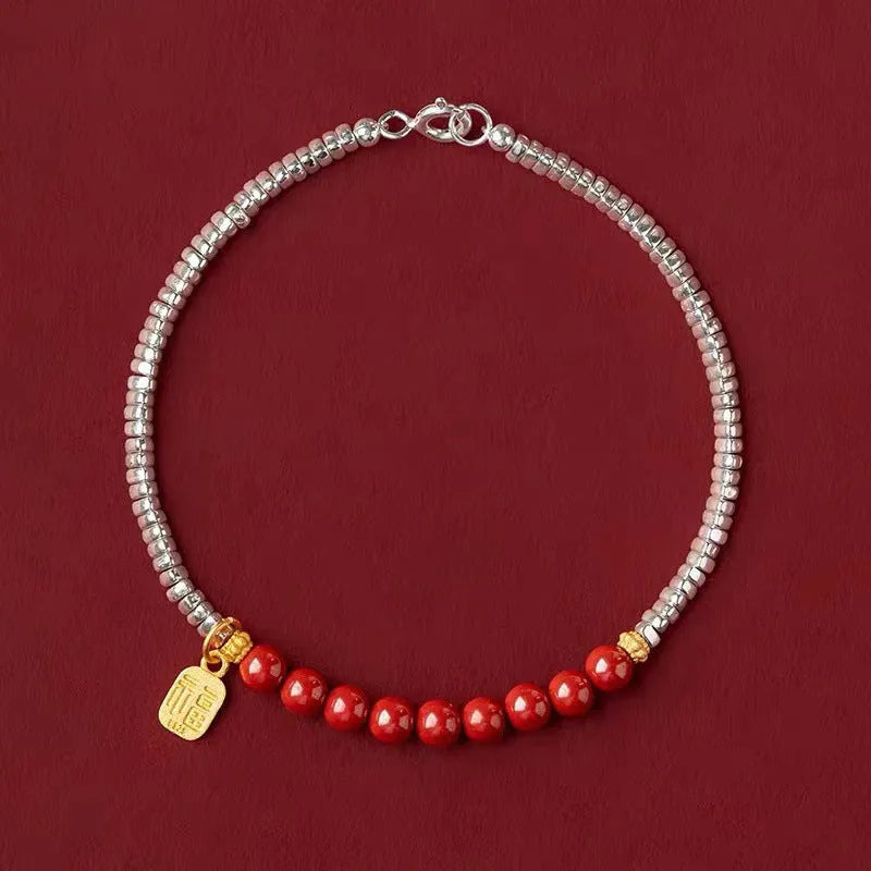 Silver lucky beads couple bracelet with geometric round beads and white K electroplated finish