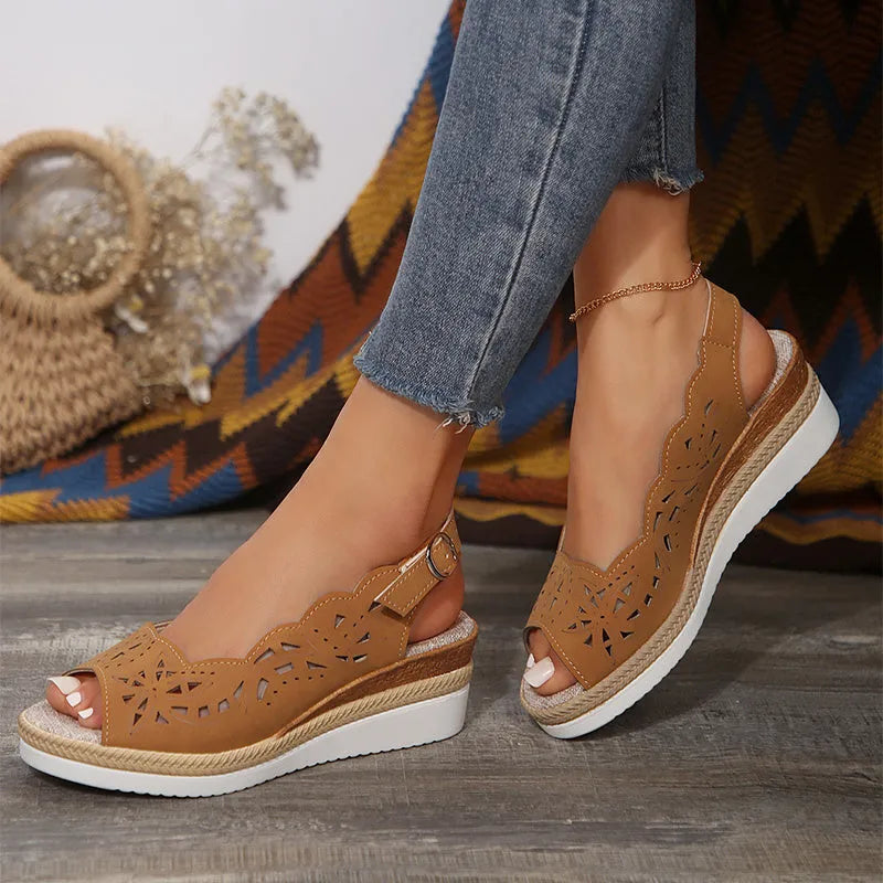 Women's fish-mouth wedge sandals in light brown with thick PU sole and buckle detail