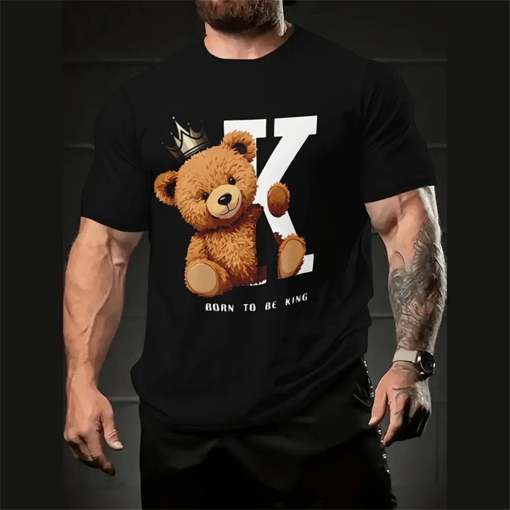 Man wearing a loose-fit short sleeve shirt with a colourful cartoon 3D print design.