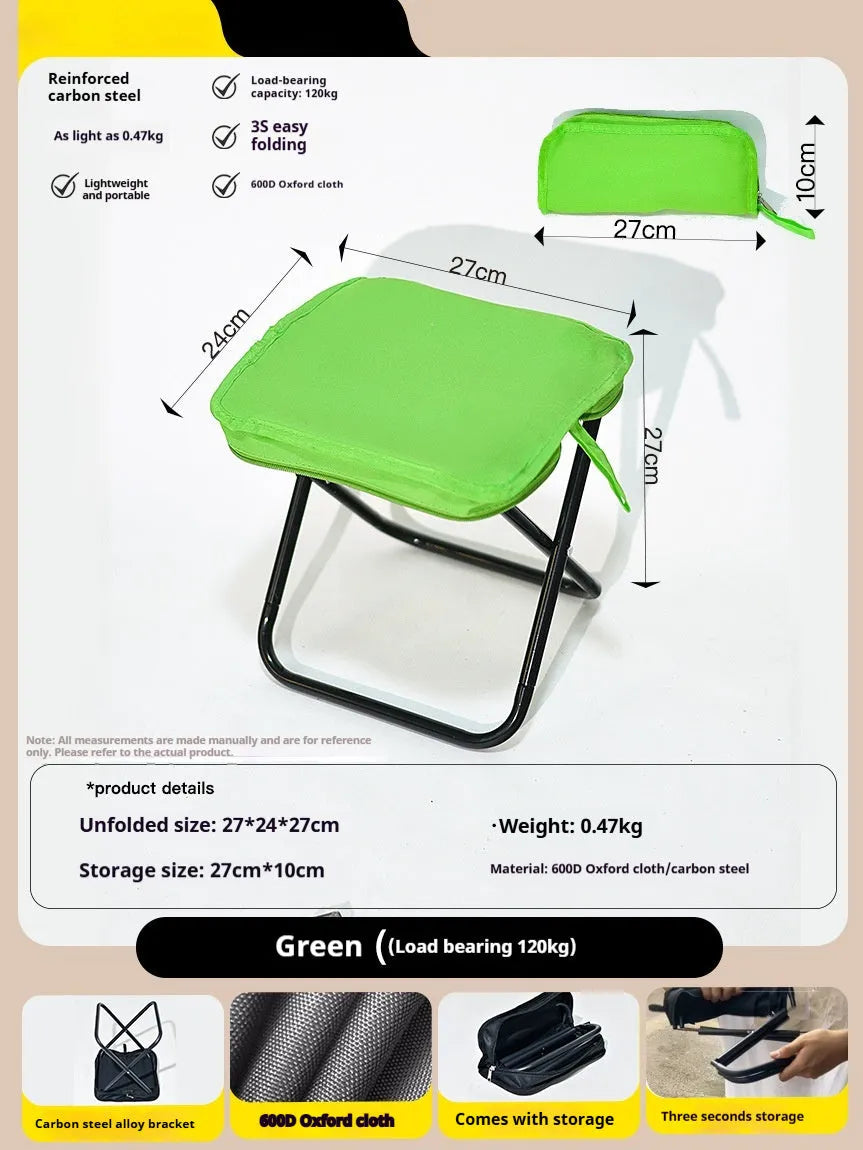 Lightweight foldable camping stool in Oxford cloth shown in a khaki colour, folded to a slim profile.