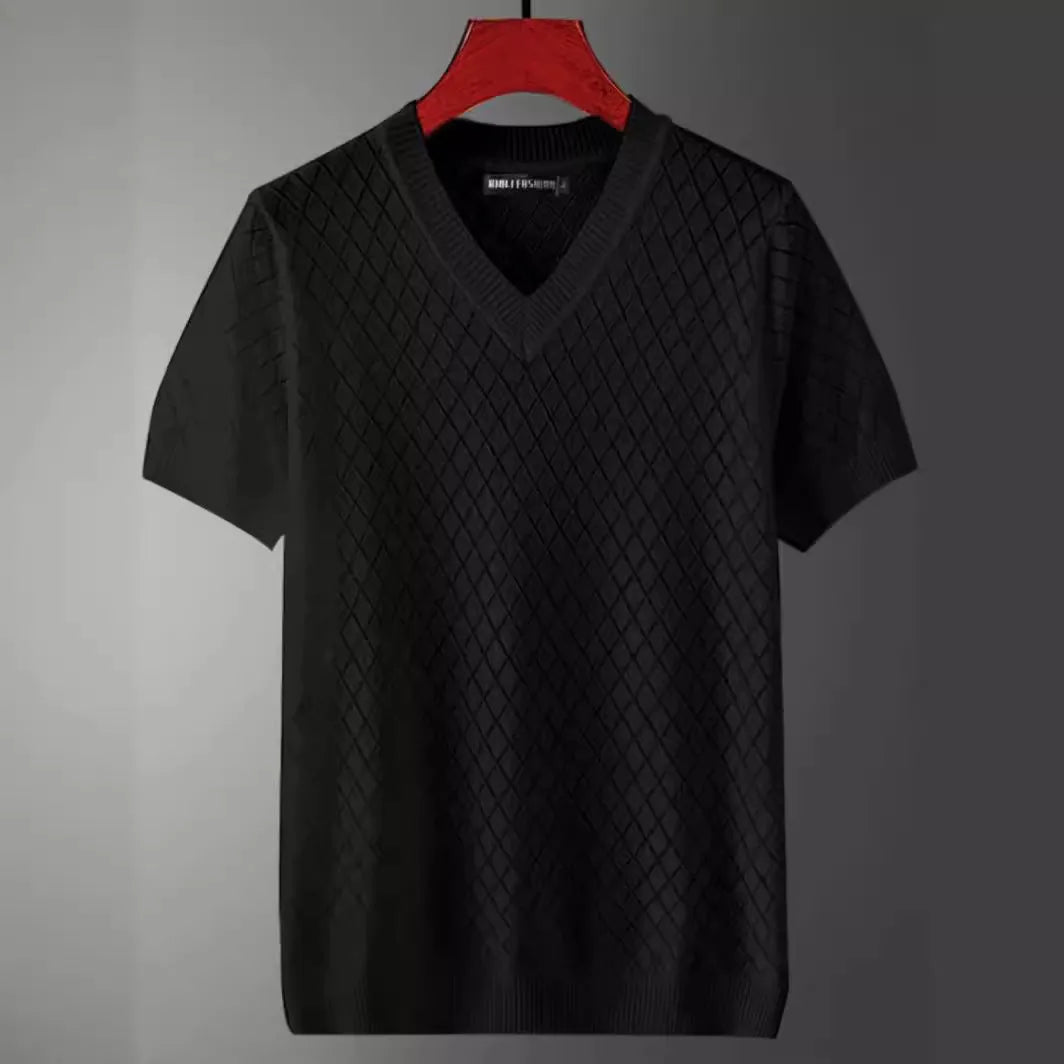 Men's Korean style ice silk t-shirt in black with V-neck, short sleeves, and polyester blend fabric.