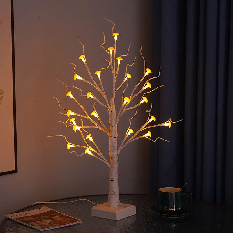 60 cm tall white Birch tree LED lamp with 24 small mushroom flower lights on plastic branches.