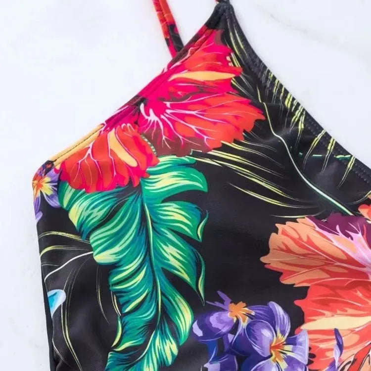 Black women's high waist printed split bikini for sports and swimming activities