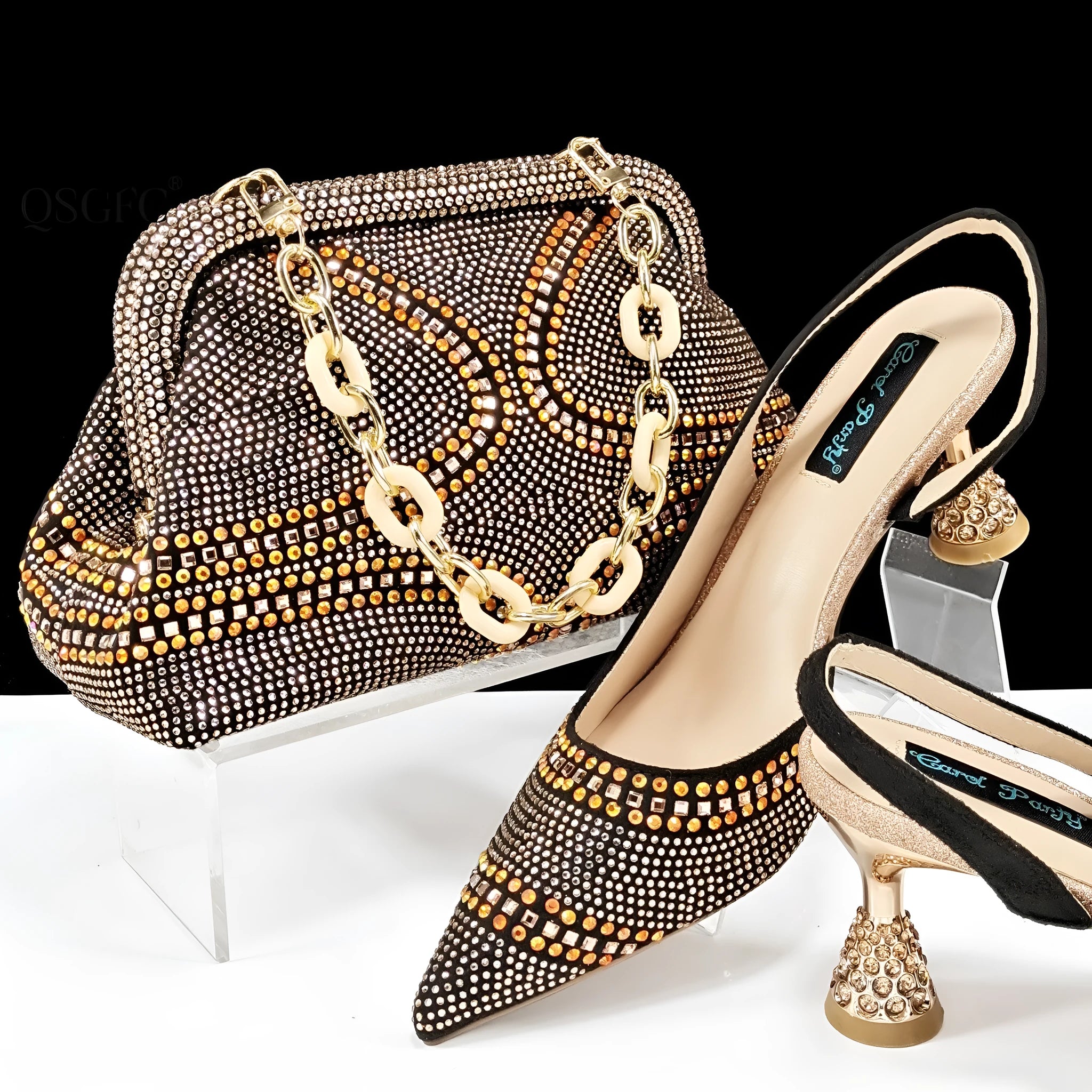 Women's pointed toe high heels with wine glass heel and matching small bag, in blue colour