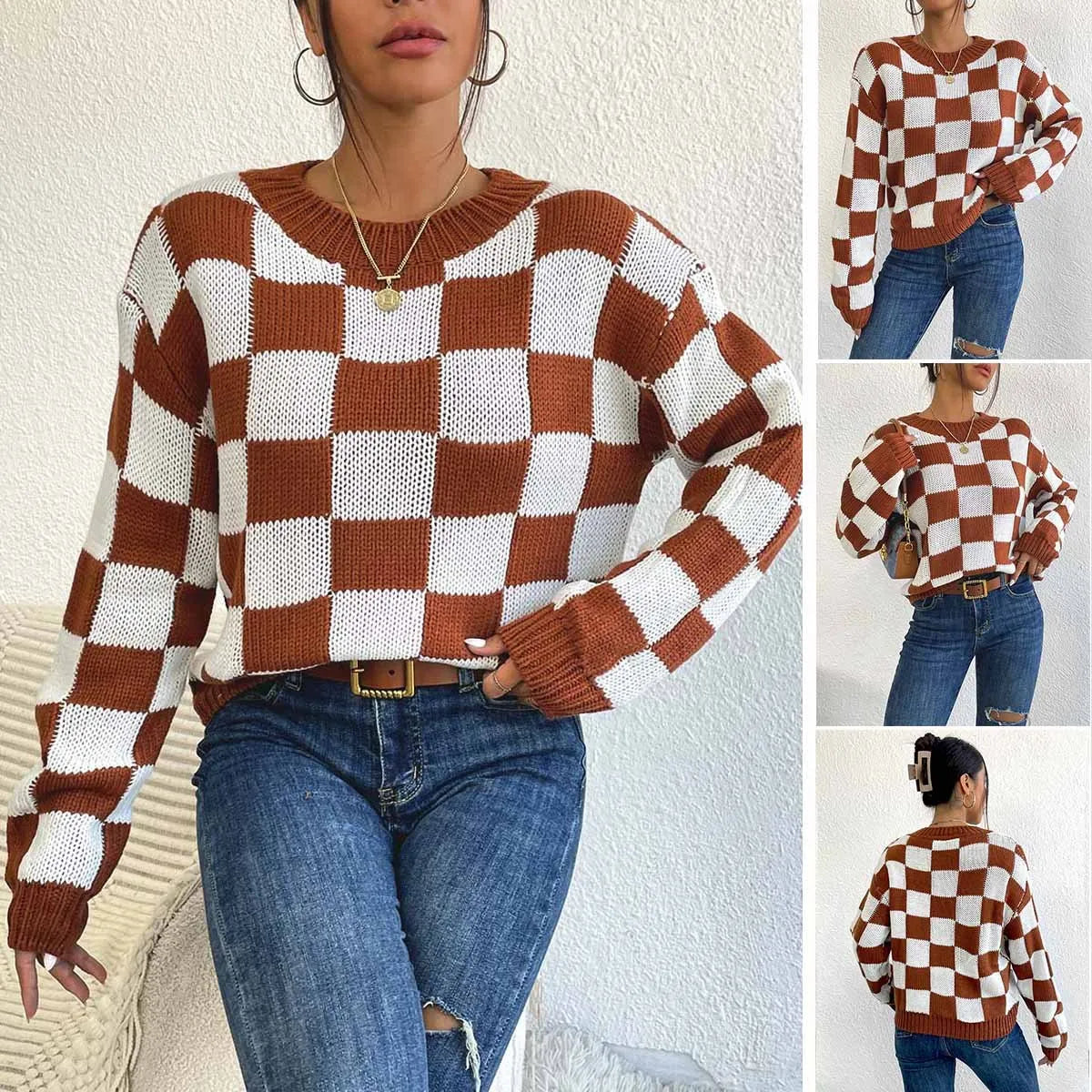 Dark brown loose plaid pullover sweater with a chessboard pattern and long sleeves.