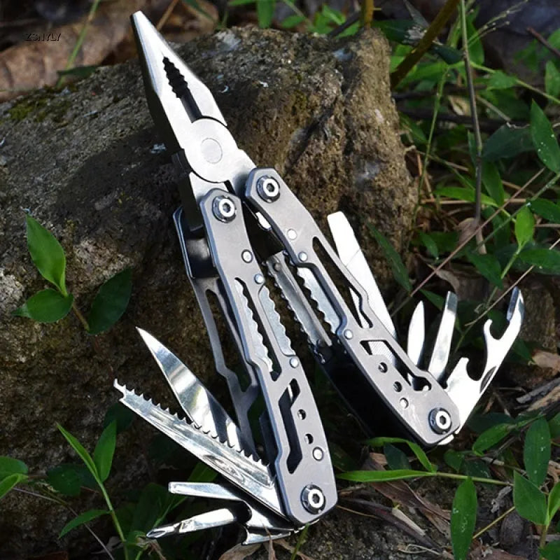 All steel 14-in-1 multi-function folding pliers with locking blade and screwdrivers, black finish
