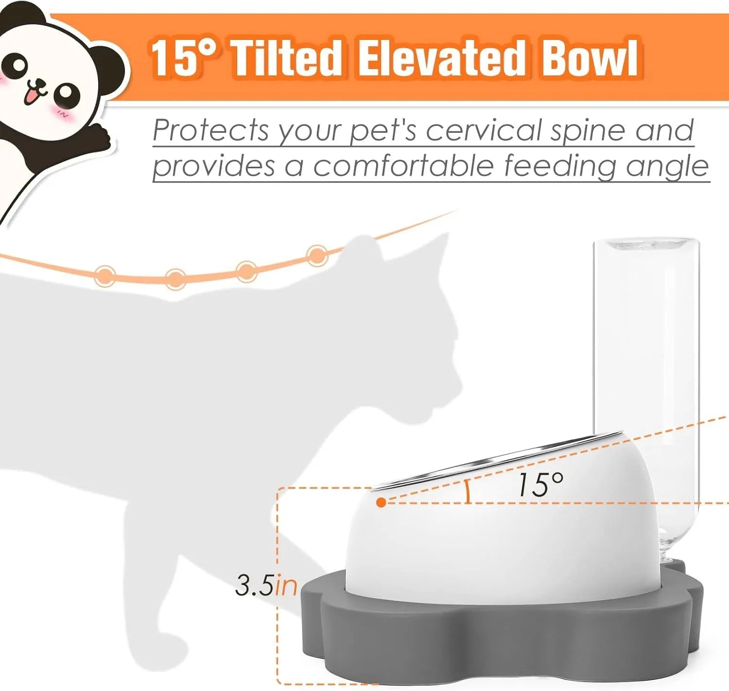 Grey panda-shaped elevated pet feeder with tilted stainless steel bowls and attached water bottle