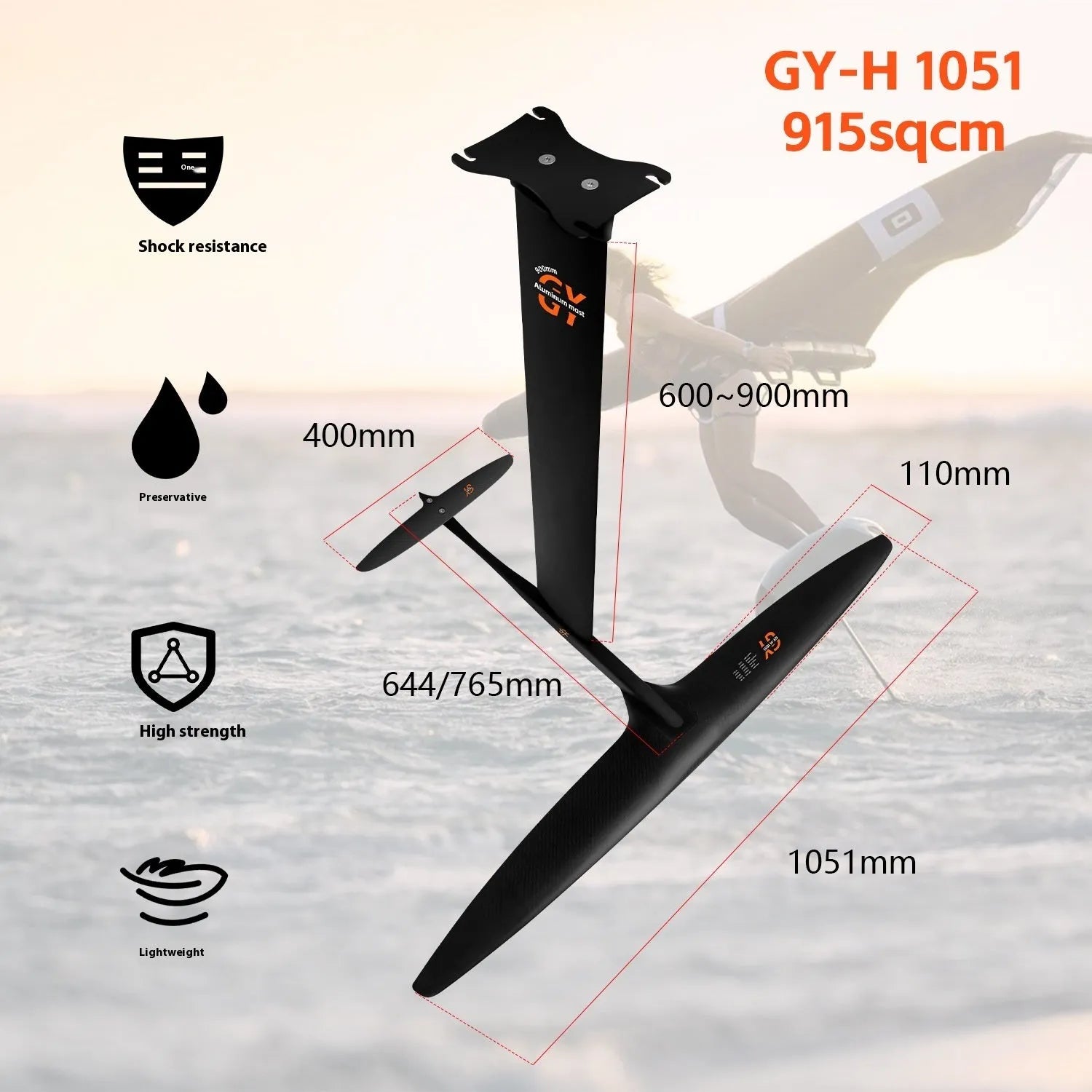 Black racing hydrofoil for surfboards with aluminium and carbon fibre construction