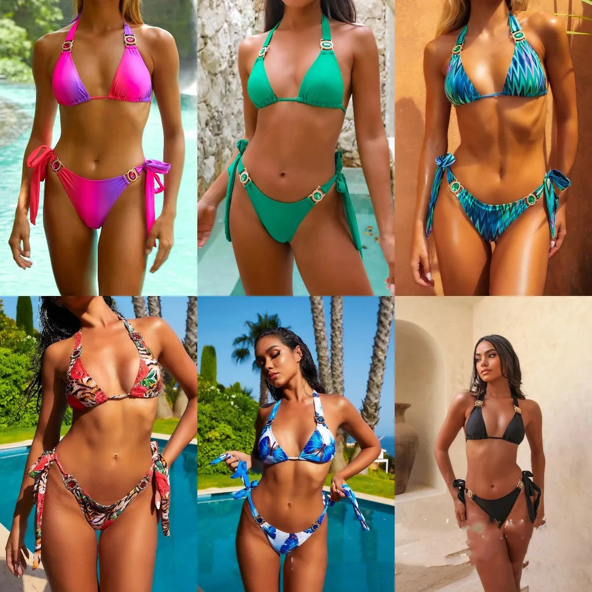 Women's dark green halter neck swimsuit with lace-up front detail and matching briefs.