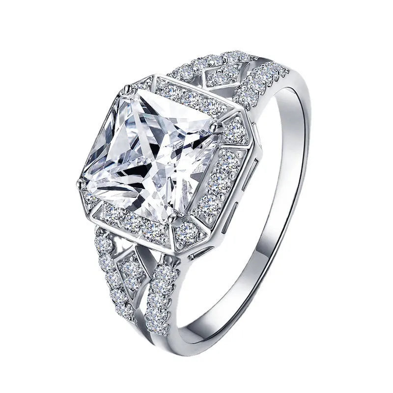 Geometric women's zircon ring with hollow quadrilateral design in platinum colour on copper