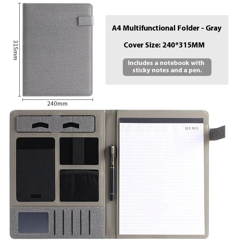 Black leather A4 multifunction folder for documents with optional pen and notepad.
