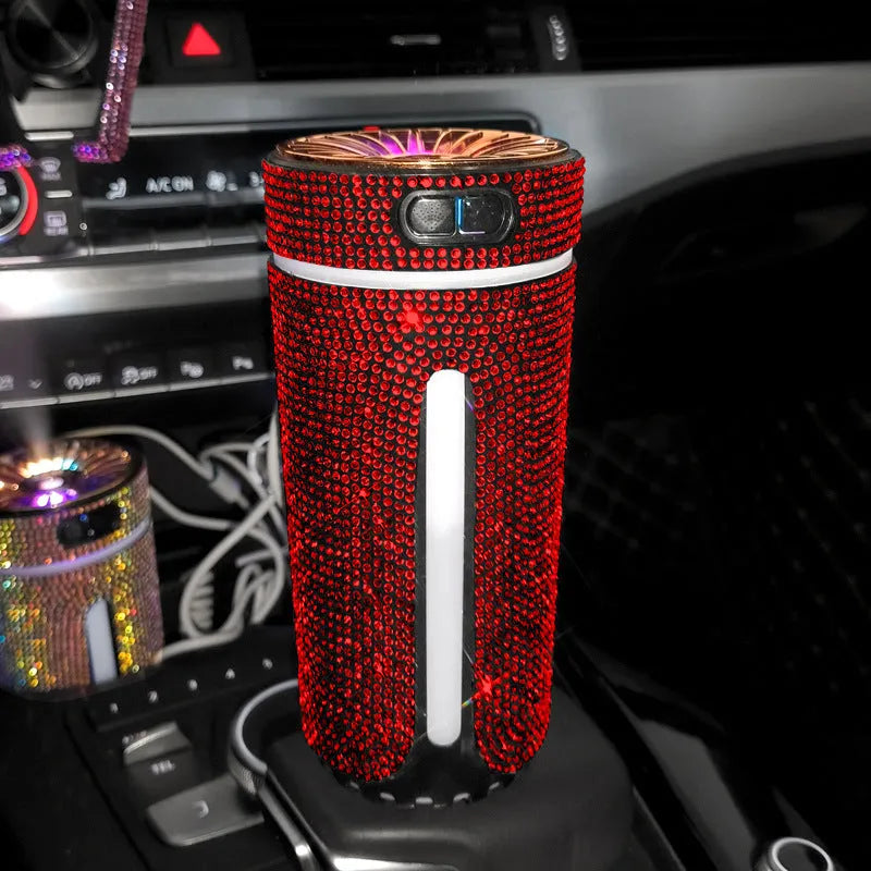 Colourful diamond-style car humidifier with LED lights on a car dashboard