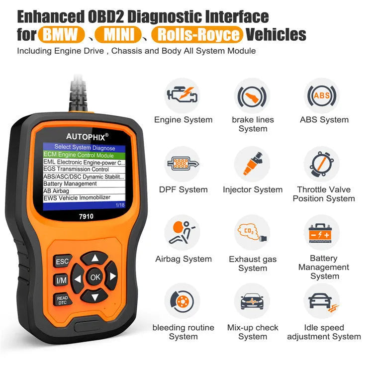 Autophix 7910 BMW OBD2 diagnostic scanner tool on a workshop bench