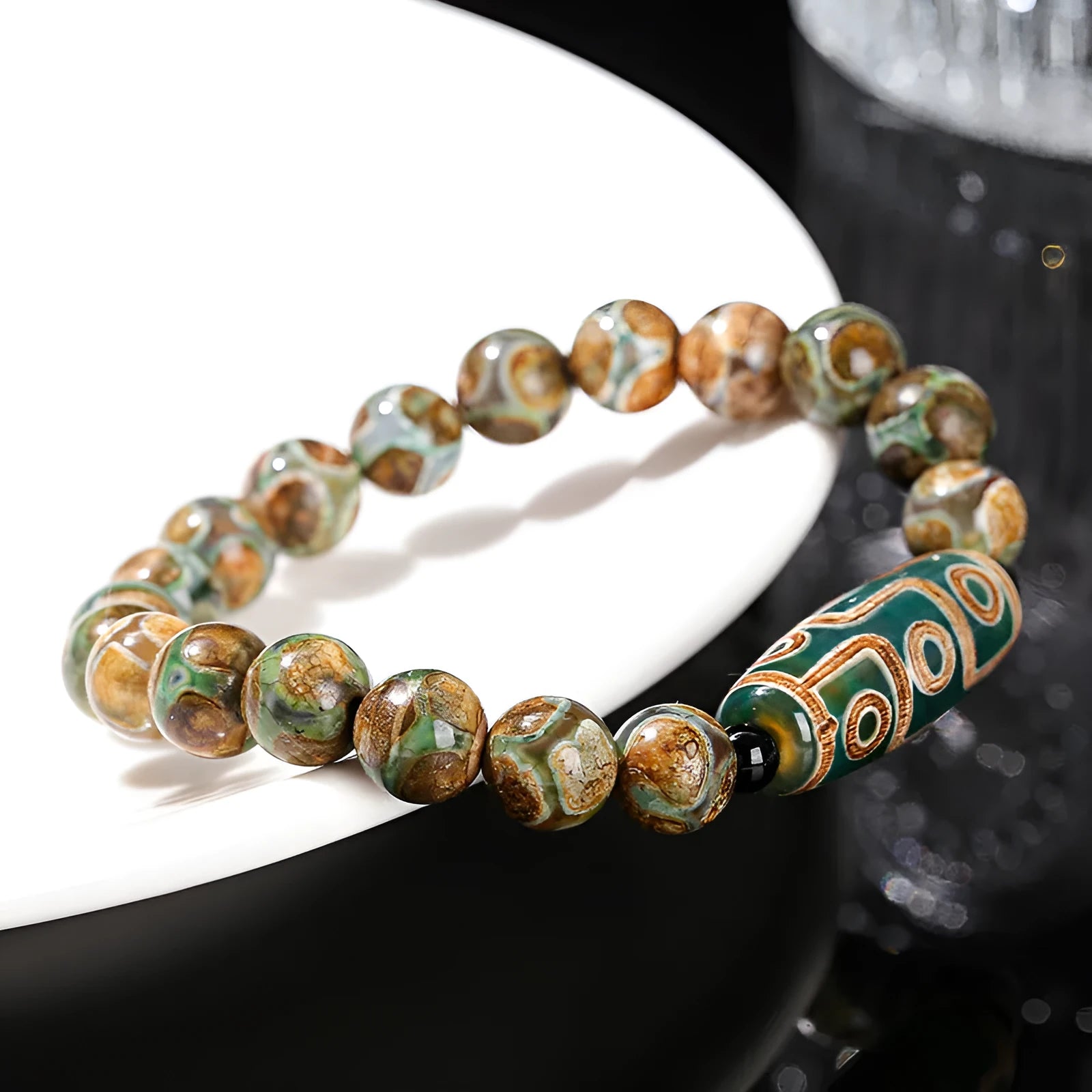 Green dzi bead barrel bracelet with 8mm diameter 28mm length beads