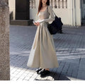 Women's black square collar knitted dress with elastic waist A-line silhouette long sleeves