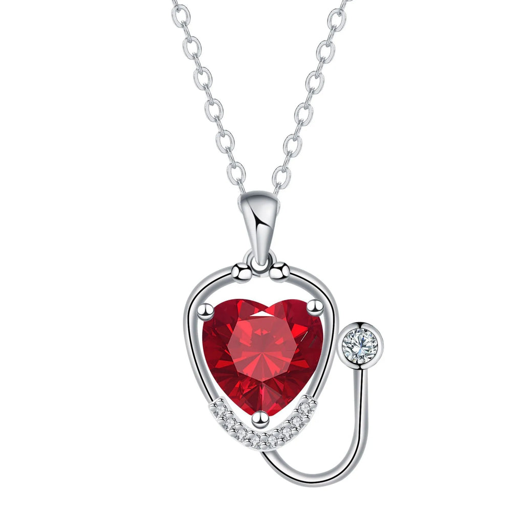 Women's copper stethoscope necklace with red diamond electroplated finish