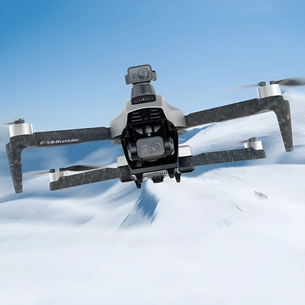 White folding quadcopter drone with obstacle avoidance sensors and 4K camera shown in compact 30-50cm size