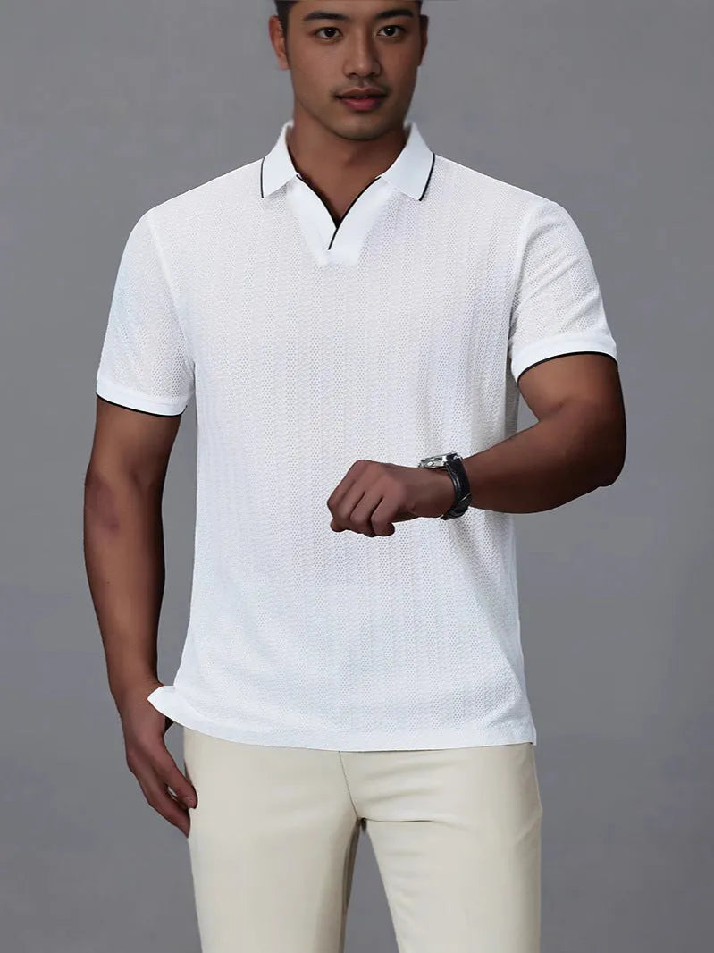 Men's loose fit short-sleeved polo shirt in thin nylon fabric available in white, black, and orange colours