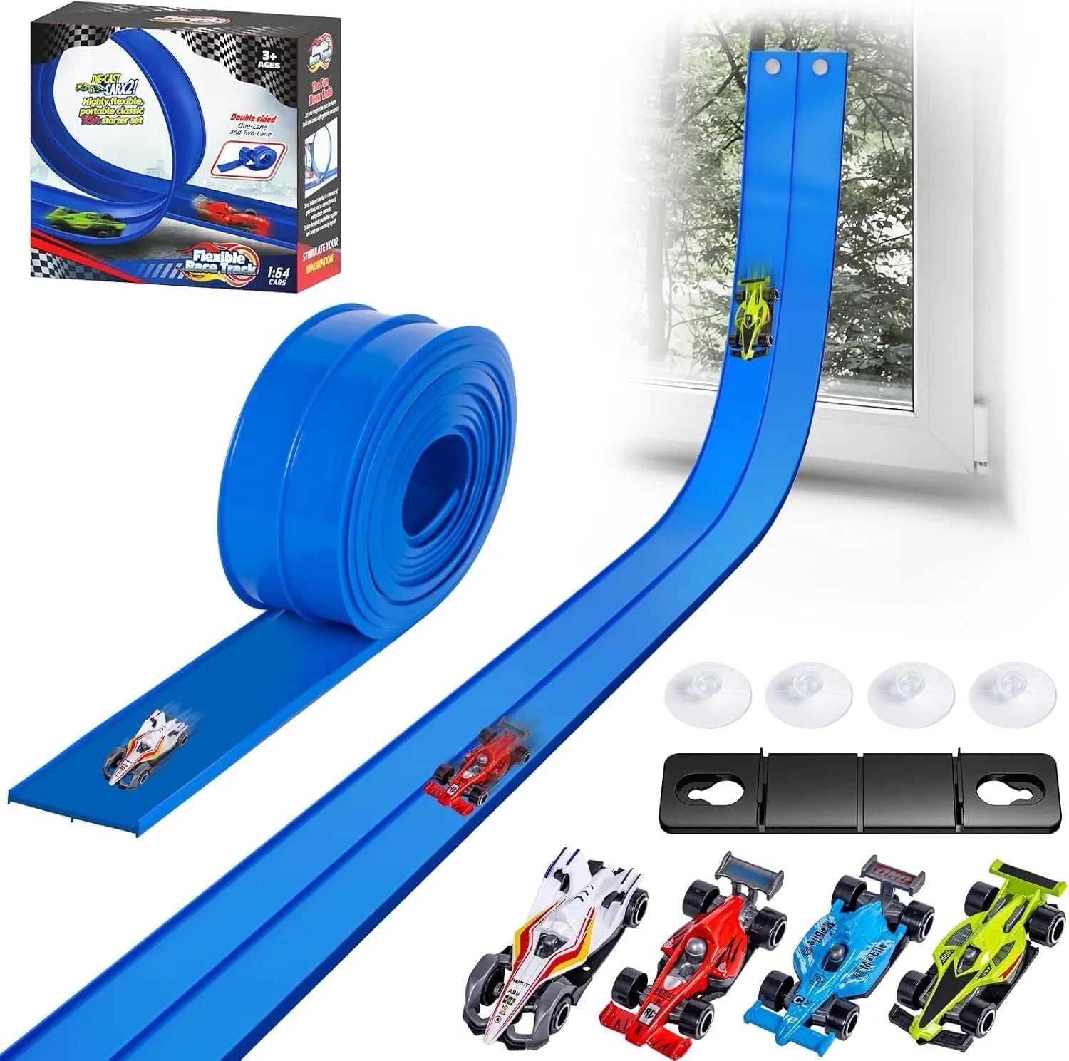 DIY double rail car PVC soft track set with anti-gravity magnetic assembly in blue colour