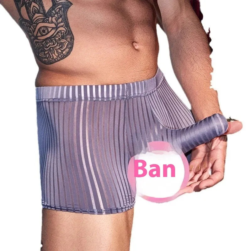 Men's black striped boxer briefs made from high-elastic nylon fabric.