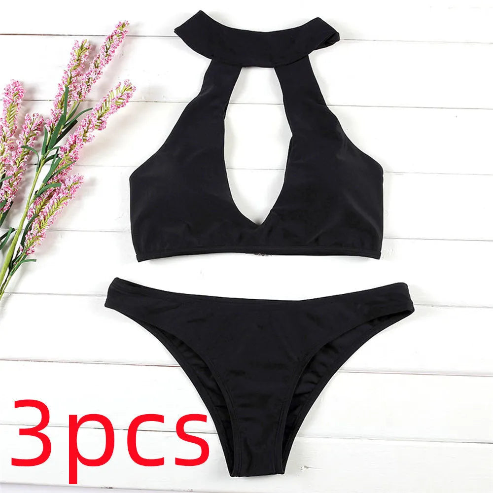Cow milk silk solid colour bikini set for women with chest pad in black
