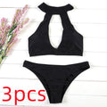 Cow milk silk solid colour bikini set for women with chest pad in black