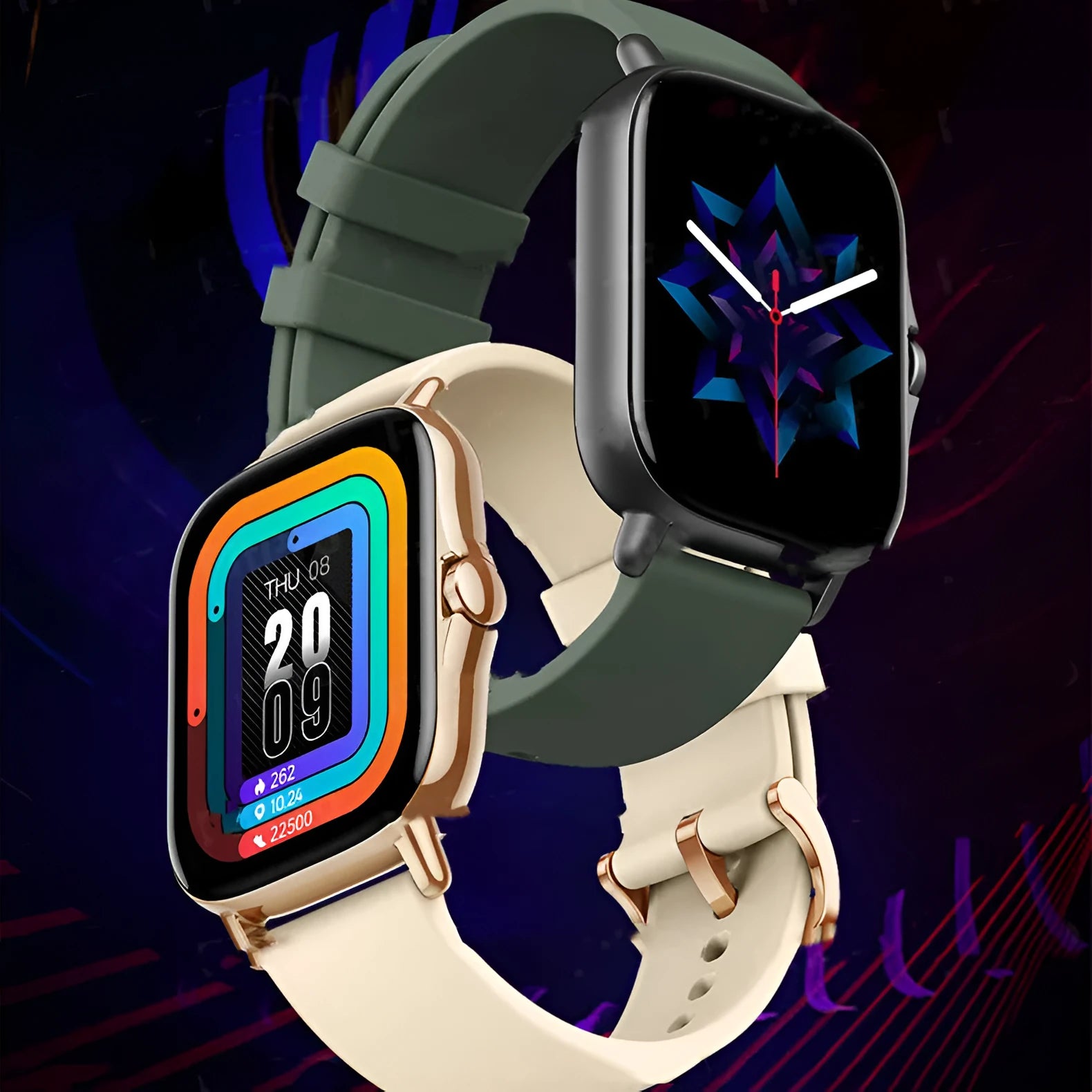 GT20 smartwatch with alloy case and silicone band showing health metrics on its 1.75-inch screen.