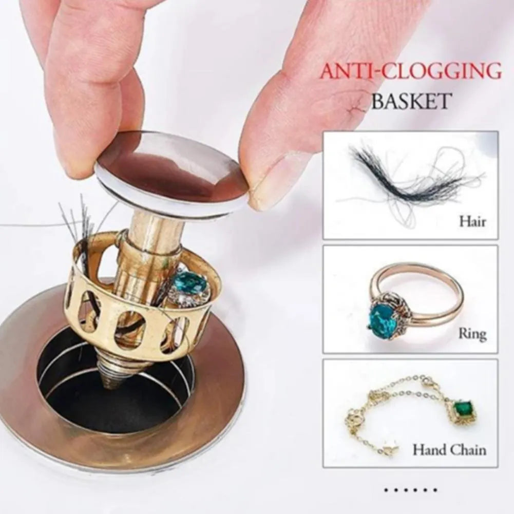 White single hole kitchen sink filter basket with copper element and manual press bounce mechanism.