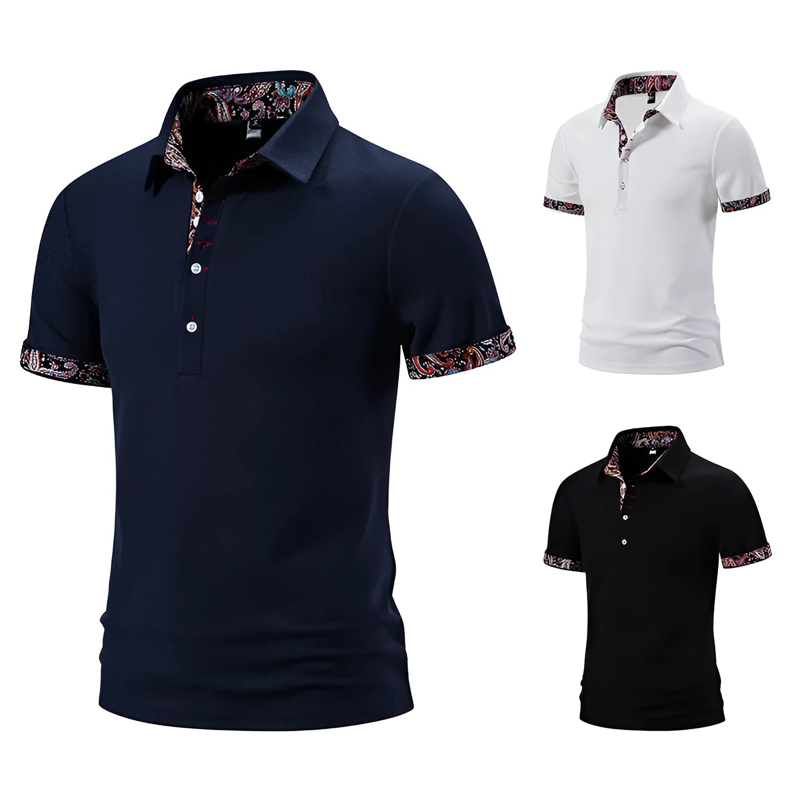 Men's cotton blend polo shirt in black with colour stitching detail and a turnover collar.