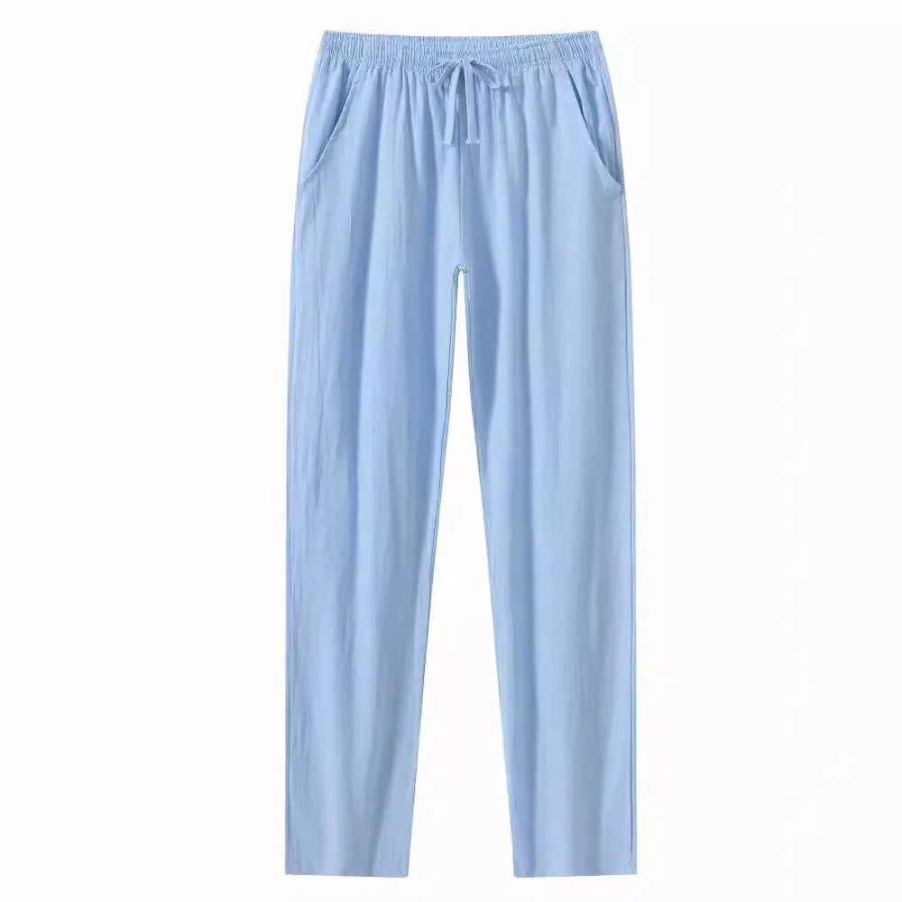 Men's cotton and linen loose casual beach trousers in solid colours