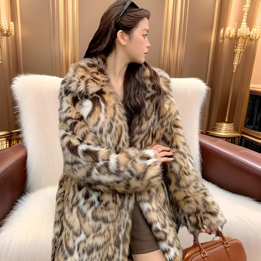 A long faux fur coat with a thick fur collar and pockets, shown in a street-fashion style.