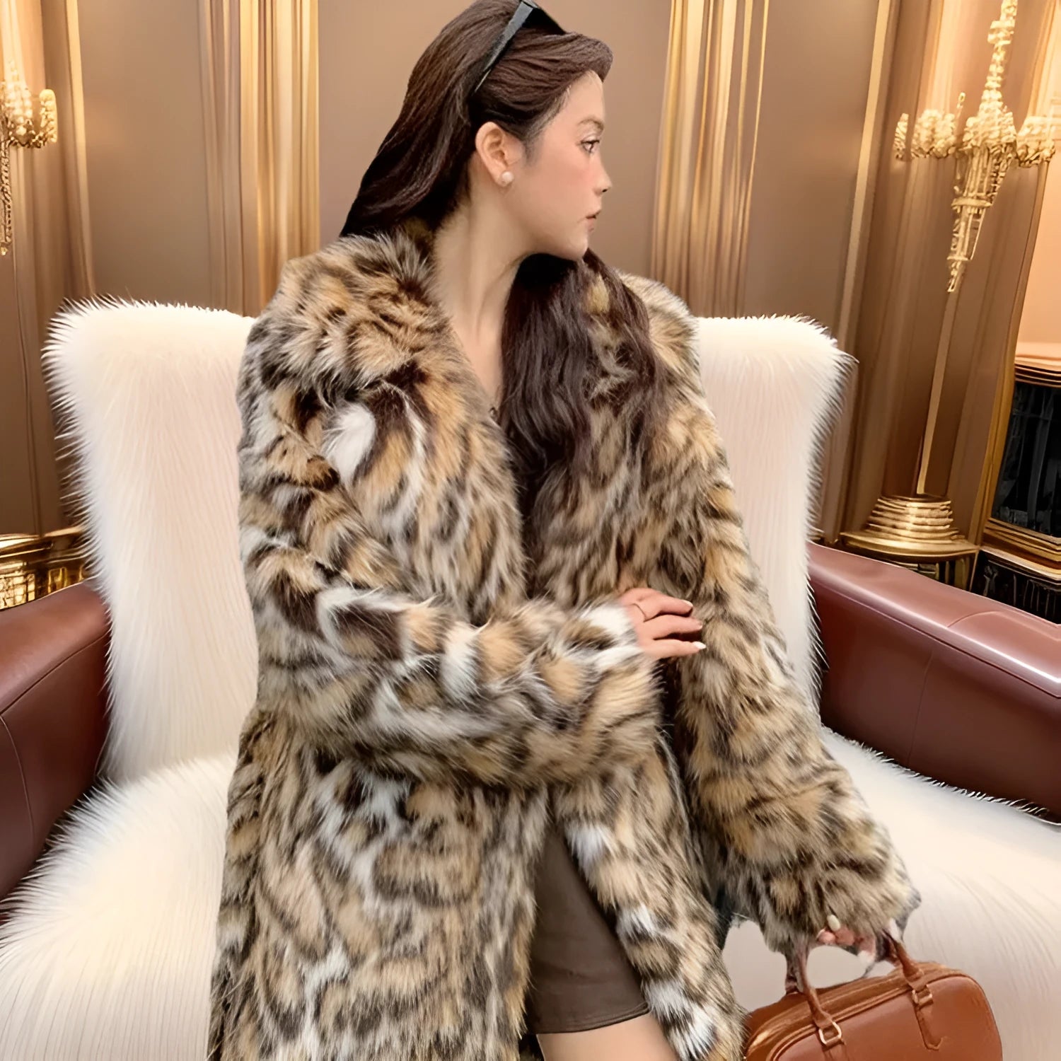 A long faux fur coat with a thick fur collar and pockets, shown in a street-fashion style.