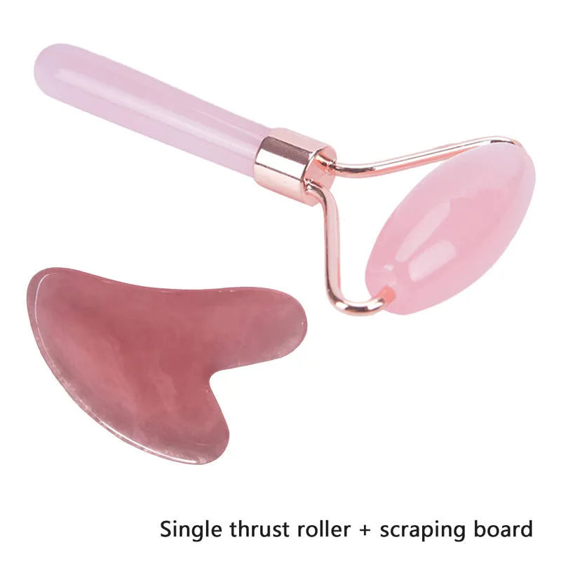 Two-piece resin gua sha roller set for face massage in black, pink, and green jade handle options