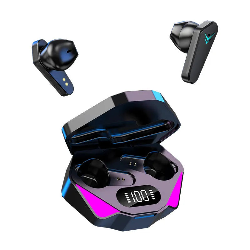 Black wireless in-ear Bluetooth headphones with charging case, showing low-latency gaming connectivity