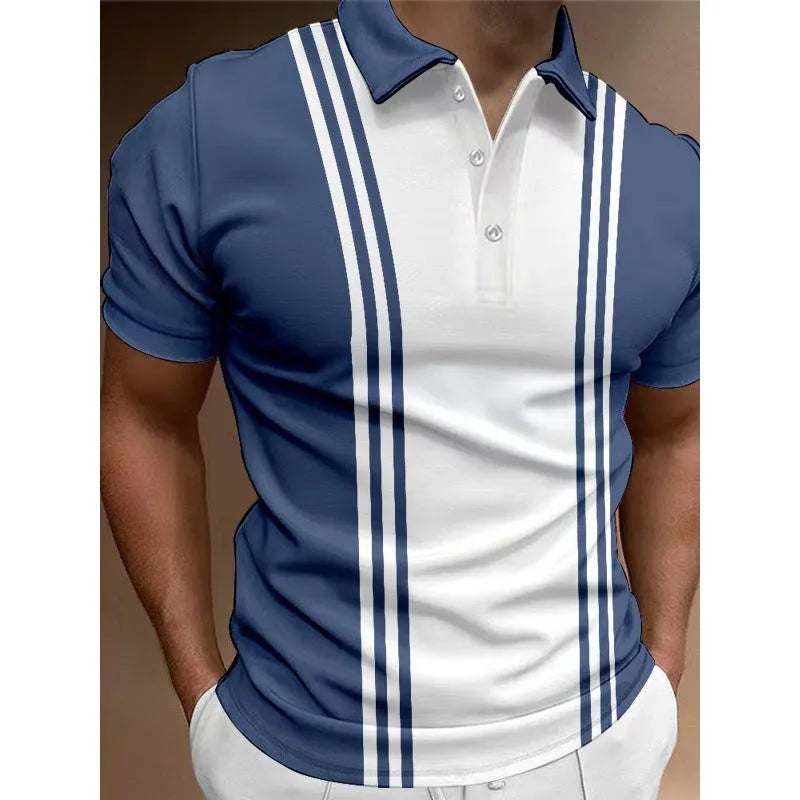 Men's casual t-shirt with 3-button printing lapel in loose fit short sleeve style