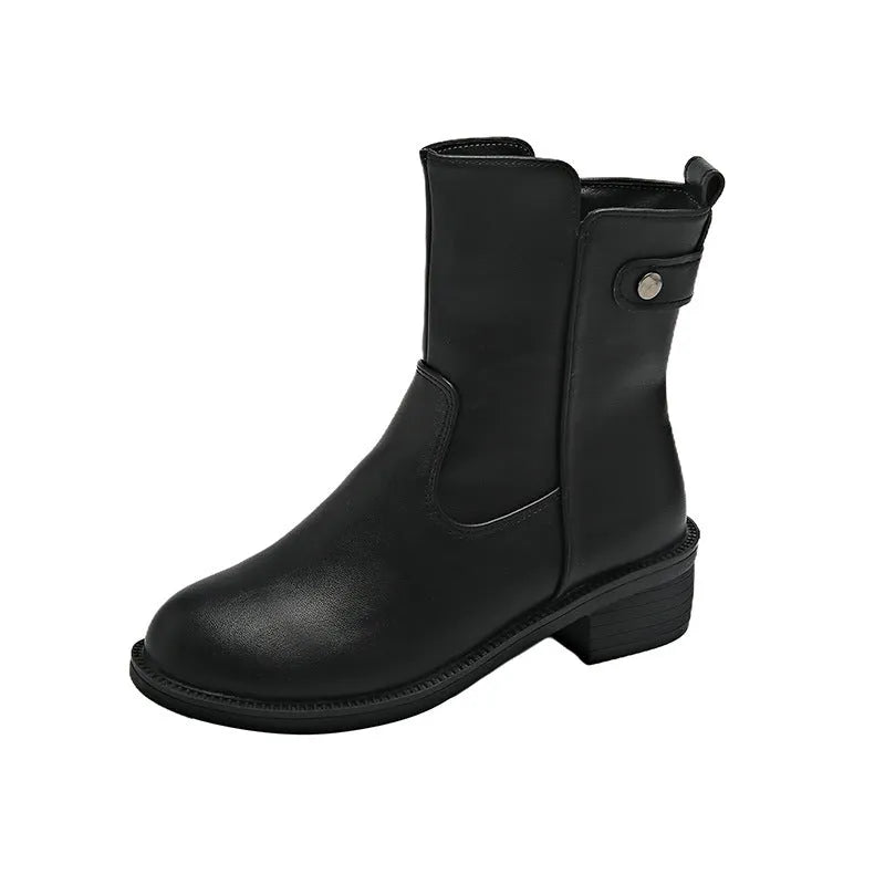 Black women's ankle boots with a side zip, round toe, and a low rubber sole.