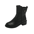 Black women's ankle boots with a side zip, round toe, and a low rubber sole.