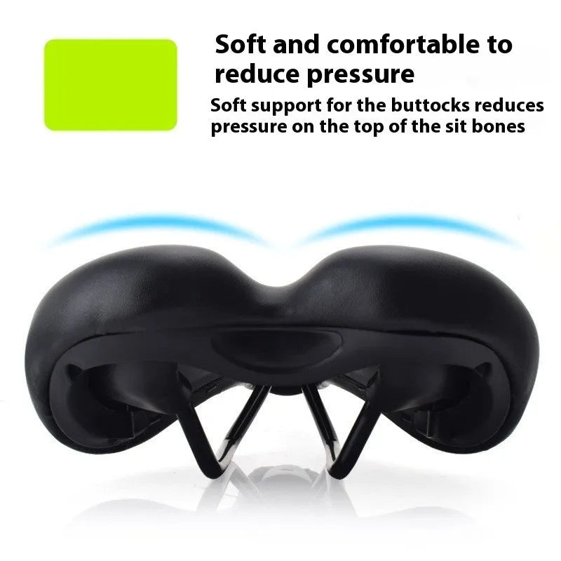 Bicycle saddle cushion with hollow pattern, showing PU leather surface and attached L clamp ring.